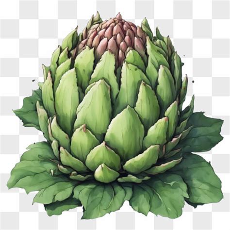 Ilustración de una alcachofa fresca con detalles de sus hojas y tallo.