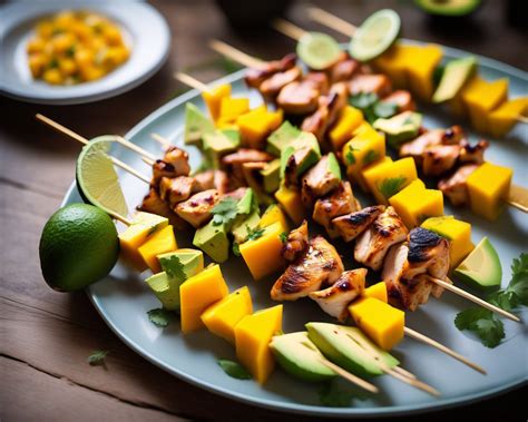 Montaje de brochetas con salmón, mango y mozzarella
