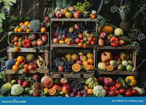 Cajas de frutas y verduras apiladas y organizadas