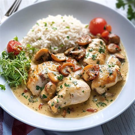 Plato de solomillos de pollo en salsa de champiñones con arroz