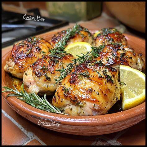 Pollo entero asándose en el horno con limones y hierbas