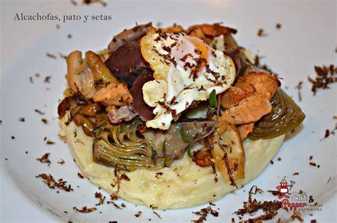 Proceso de sofrito de alcachofas y pato