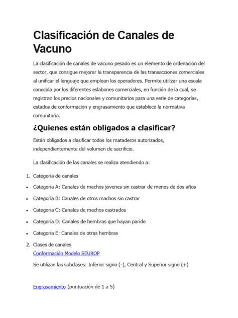 Tabla comparativa de categorías de canales de vacuno