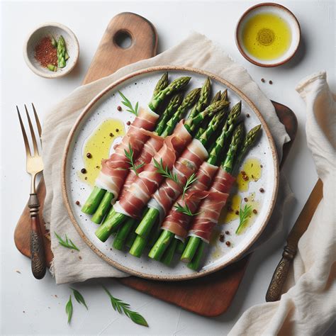 Plato de espárragos frescos envueltos en jamón serrano recién horneados