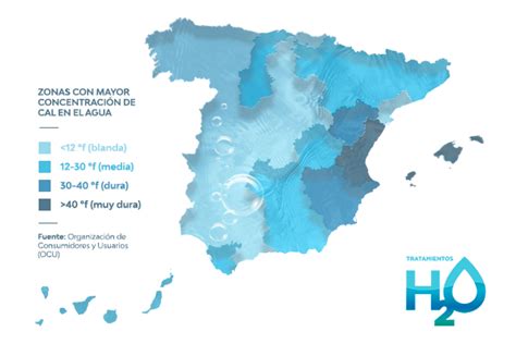 Mapa de España con zonas de agua dura y blanda