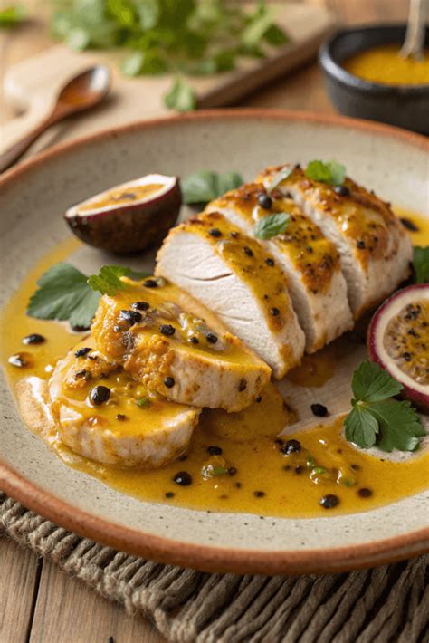 Pechuga de pollo con salsa de maracuyá en un plato con arroz blanco