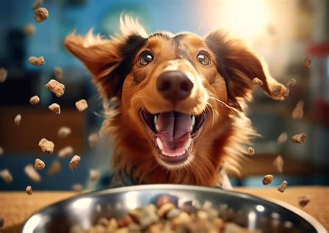 Perro feliz comiendo pienso de cordero y arroz
