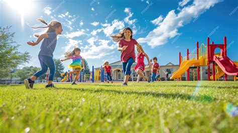 Niños jugando en un patio, agachándose y estirándose