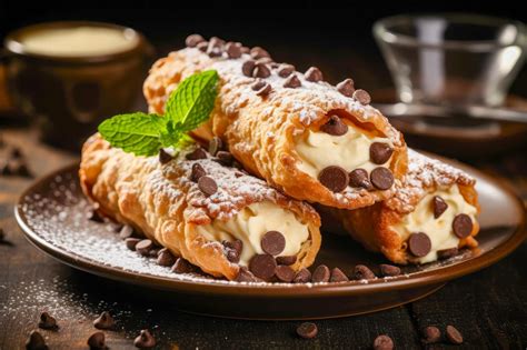 cannoli rellenos de dulce de leche sobre una bandeja elegante