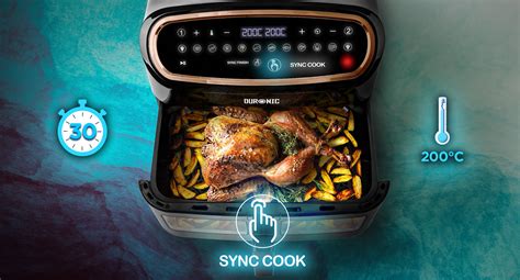 Diagrama explicando las funciones Sync Cook y Sync Finish de la freidora Duronic AF34