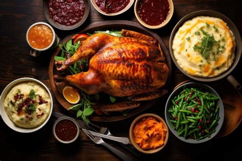 Mesa de Thanksgiving con pavo y guarniciones
