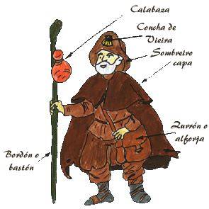 Representación de un peregrino medieval con bordón y calabaza