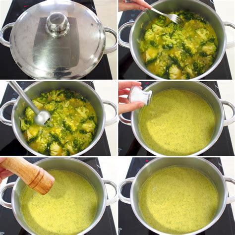 Cuchara removiendo crema de brócoli en una olla para espesar