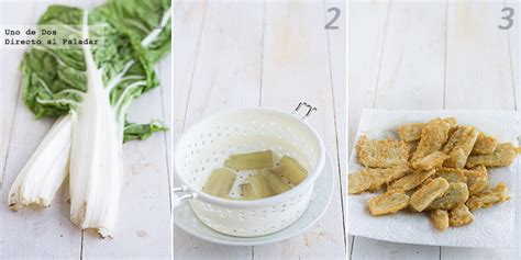 Pencas de acelga rebozadas y friéndose