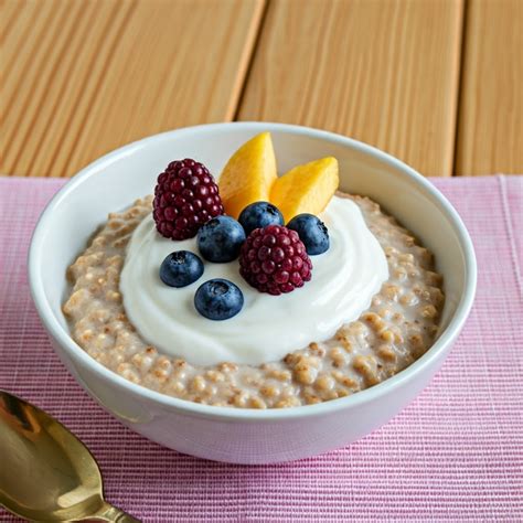 Tortita de plátano y avena con yogur y frutas variadas