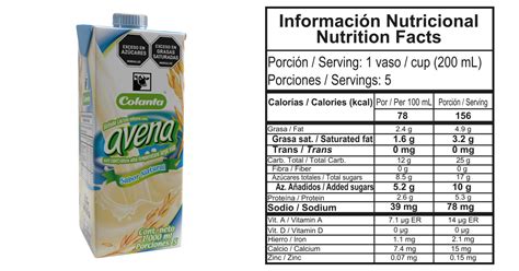 Etiqueta nutricional de leche de avena NAN