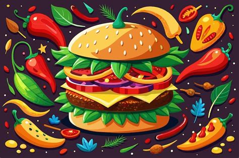 Ilustración de una hamburguesa de verduras colorida y apetitosa