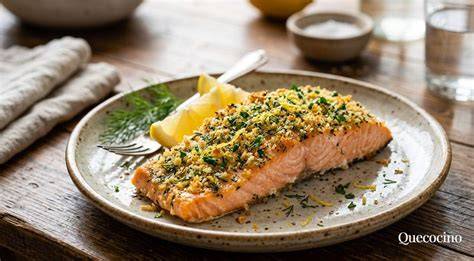 Salmón cubierto con la costra en la bandeja del horno