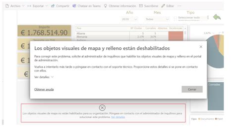 Mensaje de error: Objetos visuales de mapa y relleno deshabilitados en Power BI