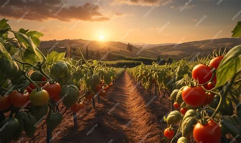 Campo de cultivo de tomates maduros listos para la recolección