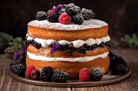Pastel decorado con frutos rojos y azúcar glas