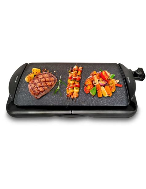 Plancha eléctrica de piedra con alimentos variados