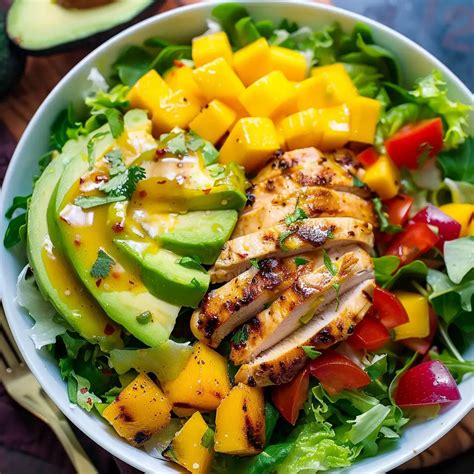 Ensalada fresca de pollo, mango, aguacate y granada