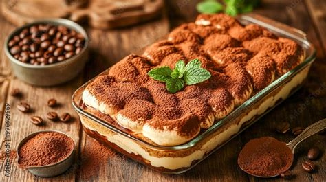 Tiramisú en una fuente rectangular espolvoreado con cacao