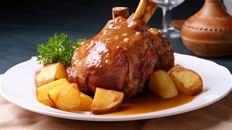 codillo en rodajas servido con patatas y salsa