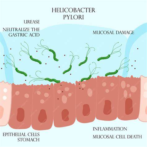 Esquema de la bacteria Helicobacter pylori y su interacción con la mucosa gástrica