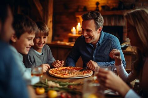 Familia disfrutando de una pizza en un ambiente informal