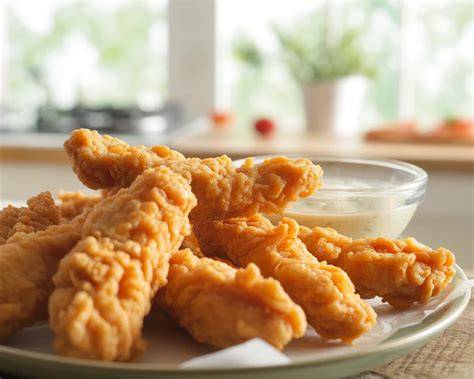 Plato de fingers de pollo recién hechos con salsas