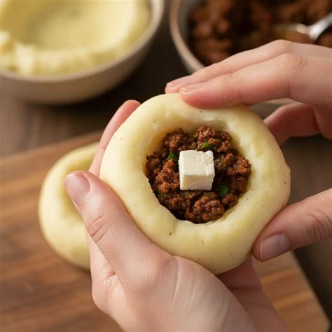 Manos moldeando una papa rellena con picadillo