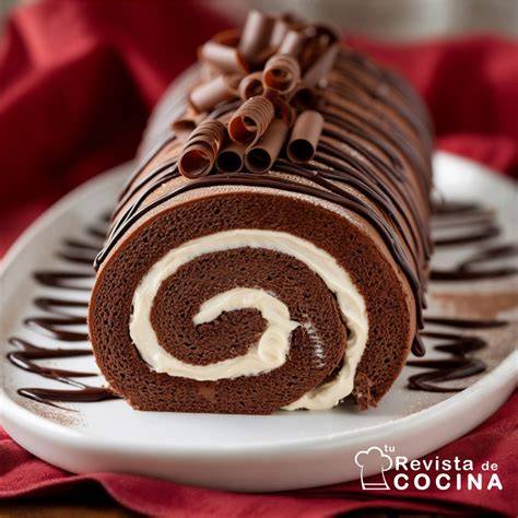 Bizcocho enrollado de chocolate decorado