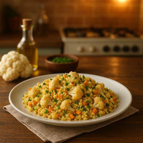 Arroz de coliflor con verduras frescas en un bol