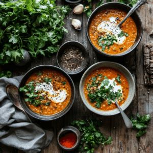 Sopa de lentejas rojas con leche de coco y especias