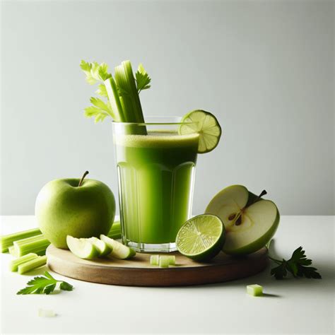 Jugo de apio, manzana, zanahoria y limón en un vaso