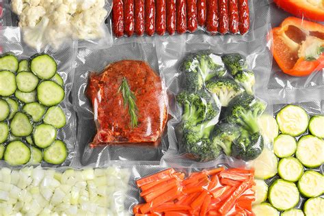 Diferentes tipos de alimentos envasados al vacío listos para cocinar