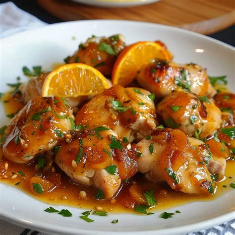 Pollo a la naranja servido en plato con guarnición