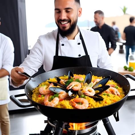 Chef preparando una paella a leña con precisión profesional