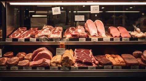 Diferentes cortes de carne en un mostrador de carnicería