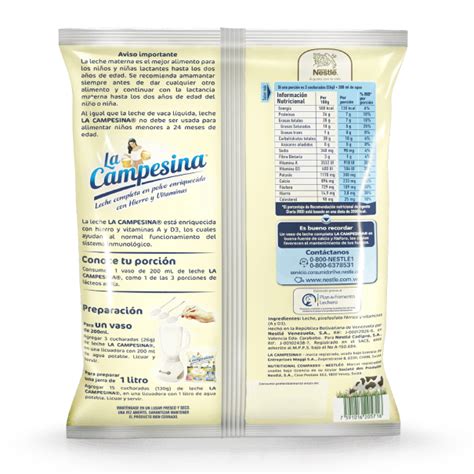 Tabla nutricional de leche en polvo con vitaminas y minerales destacados