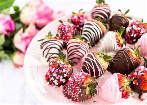 Plato de fresas frescas con chocolate y variedad de toppings