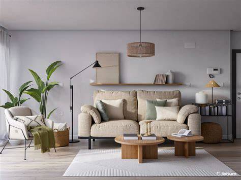 Salón moderno decorado en tonos neutros con texturas naturales