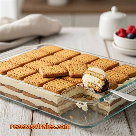 Capas de galletas y crema en la tarta