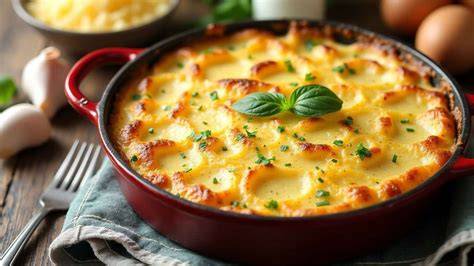 Plato de Gratin Dauphinois servido con carne asada y una ensalada