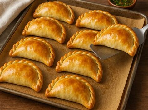 Bandeja con empanadas doradas listas para hornear