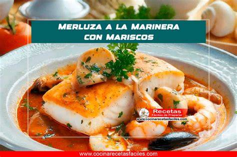 Plato de merluza a la marinera con mariscos