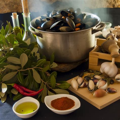 Mesa con aperitivos y mejillones en escabeche