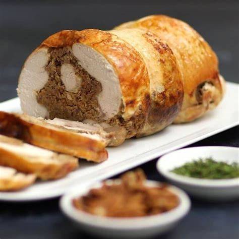 Rollo de pavo relleno listo para servir en rodajas
